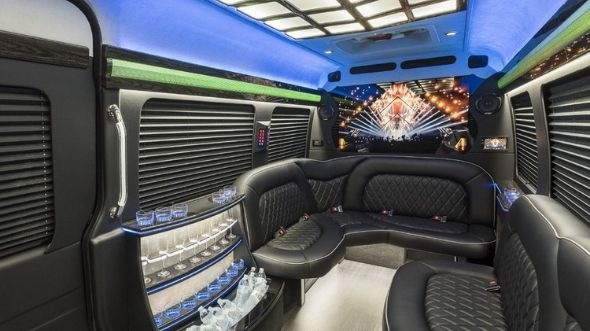 Interior of Charter Bus Company Lakewood's Sprinter Limo in Lakewood